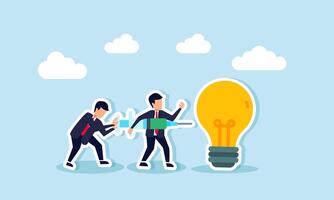 Two businessmen collaborate to inject liquid into a lit lamp, illustration of a trigger to generate business ideas and innovations vector