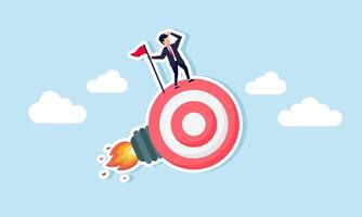 A businessman supervises and stands holding a flagpole on top of a rocket-target board, illustration of boosting performance in achieving business targets vector