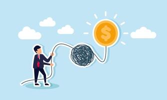 A businessman holds a complex rope connected to a glowing dollar coin, illustration of idealism in business financial mindset vector
