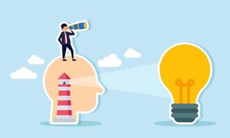 A businessman stands, peering through a telescope from atop a head containing a lighthouse, its light shining forward, illustration of analyst in determining relevant business vector