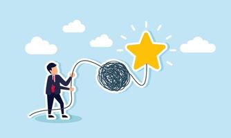 A businessman holds a complex rope connected to a glowing star, illustration of idealism in the mindset of improving business quality vector