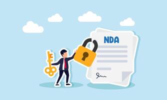 A businessman carries a key while holding a padlock securing an NDA paper, illustration of the key to company document confidentiality vector