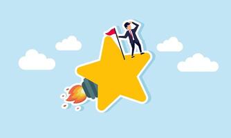 A businessman supervises and stands holding a flagpole on top of a rocket-star, illustration of boosting efforts to enhance business quality vector