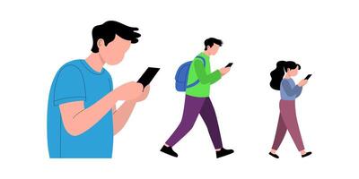 Three people engrossed in mobile devices while walking. vector