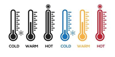 Temperature icon set. Hot and cold temperature icon set. Thermometer icon. Warm and cool weather indicator. Thermometer showing the temperature symbol. vector