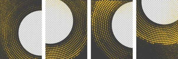 Yellow halftone circle textured art on black background design set vector