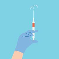 Making injection and vaccination concept. Hand of doctor in blue protective medical glove golding syringe before making vaccination or injection vector