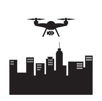 Drone over city skyline logo with customizable text for branding. Drone logo, Drone, Quadrocopter icon vector