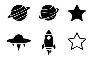 Silhouette icon set of space-themed symbols. including planets, stars, a rocket, and UFOs, symbolizing space exploration and cosmic themes vector