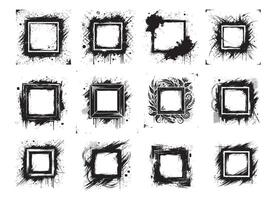 Collection of black paint brush stroke background, grunge overlay frame and torn paper effect. Retro grunge texture with ink splash for social media. vector