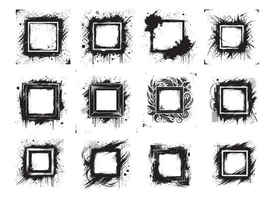 Collection of black paint brush stroke background, grunge overlay frame and torn paper effect. Retro grunge texture with ink splash for social media.