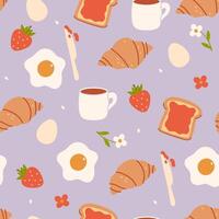 Seamless pattern with eggs, croissants, strawberries. graphics. vector