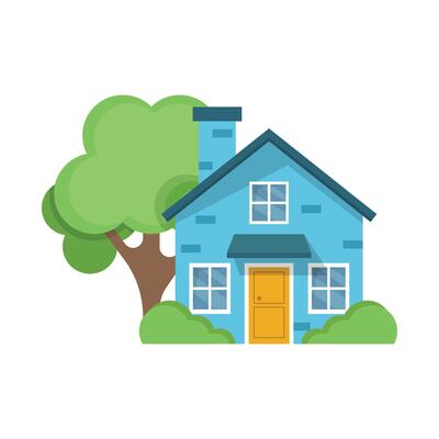 House with tree and bushes on a white background