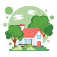 House with trees and bushes on a green background vector