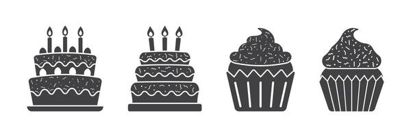 Four different types of cakes are shown in black and white vector