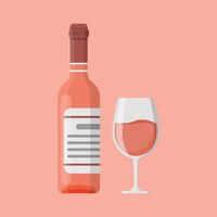 A bottle of wine and a glass of wine on a pink background vector