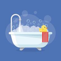 A cartoon duck in a bathtub with soap bubbles vector