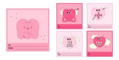 Valentine day cards with text to, from and copy space. Lovely hearts characters and text in trendy retro groovy style. Pink colors. post set vector