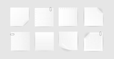 Set white square paper reminder, sticky note, realistic checkered,striped marks, paper clip. illustration with shadow vector
