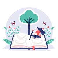 Young woman writing in a giant book under a tree with butterflies, Creative Writing and Imagination Concept with Open Book and Nature Elements vector