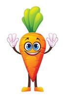Cheerful carrot character with both hands raised, smiling and excited. Cartoon illustration vector
