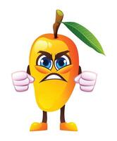 Angry mango character with clenched fists, expressing frustration. Cartoon illustration vector