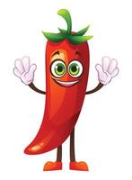 Cheerful chili character with both hands raised, smiling and excited. Cartoon illustration vector