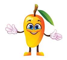 Cute mango character with open arms, welcoming and cheerful. Cartoon illustration vector