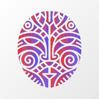 A vibrant geometric illustration of a tribal-inspired mask, featuring intricate patterns in red and blue gradient on a white background. vector
