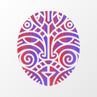 A vibrant geometric illustration of a tribal-inspired mask, featuring intricate patterns in red and blue gradient on a white background.