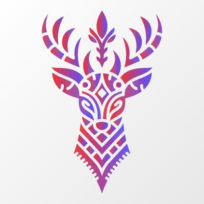 Vibrant abstract deer head illustration with geometric patterns in red and purple gradient on a clean white background. Abstract Geometric Deer Head Design