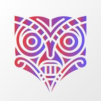 A bold geometric illustration of an owl-inspired mask with intricate tribal patterns, featuring red and blue gradient on a white background. vector