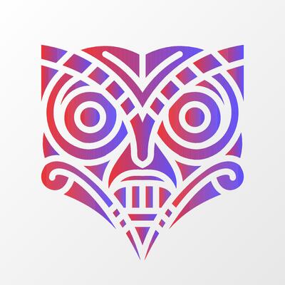 A bold geometric illustration of an owl-inspired mask with intricate tribal patterns, featuring red and blue gradient on a white background.
