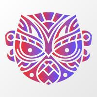 A vibrant geometric illustration of a monkey-inspired mask with intricate tribal patterns, featuring red and blue gradient on a white background. vector