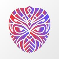 A vibrant geometric illustration of a tribal-inspired face design, featuring intricate red and blue gradient patterns on a white background. vector