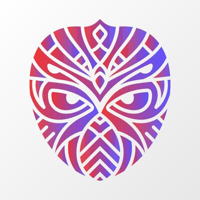 A vibrant geometric illustration of a tribal-inspired face design, featuring intricate red and blue gradient patterns on a white background.