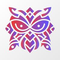 A vibrant geometric illustration of an owl-inspired tribal design, featuring intricate red and blue gradient patterns on a white background. vector