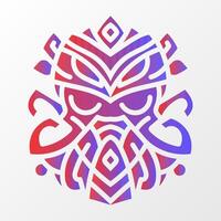 A vibrant geometric illustration of an octopus-inspired mask with intricate tribal patterns, featuring red and blue gradient on a white background. vector