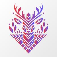 Abstract deer head illustration featuring geometric patterns, red and purple gradient, and decorative nature-inspired elements on a white background. Geometric Deer Illustration with Nature Elements vector