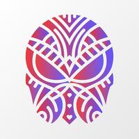 A bold geometric illustration of a skull with intricate tribal-inspired patterns, featuring red and blue gradient colors on a white background. vector