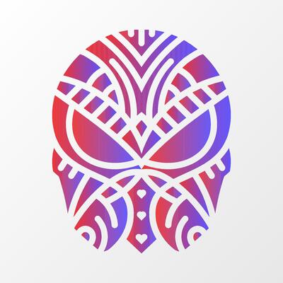A bold geometric illustration of a skull with intricate tribal-inspired patterns, featuring red and blue gradient colors on a white background.