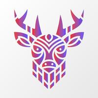 Stylized deer head illustration featuring intricate geometric details, vibrant red and purple gradient, and a clean white background. Symmetrical Deer Head with Geometric Patterns vector