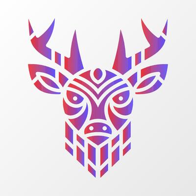 Stylized deer head illustration featuring intricate geometric details, vibrant red and purple gradient, and a clean white background. Symmetrical Deer Head with Geometric Patterns