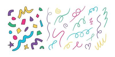 Confetti scribbles and doodles. Carnival. Childish colorful shapes, figures, elements. Abstract festive ribbons. 90s memphis. isolated on white. vector
