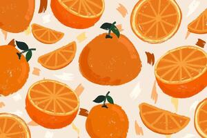 Grunge Oranges Fruits Background. Modern brush painted tangerines design with half cut oranges and slices. vector