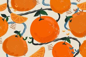 Grunge Creative Background with Tangerines and Bold Brush Textured Lines. Modern Maximalism Bold Fruit Market Backdrop in Chalk, Grungy Style. Creative brush painted tangerines design vector
