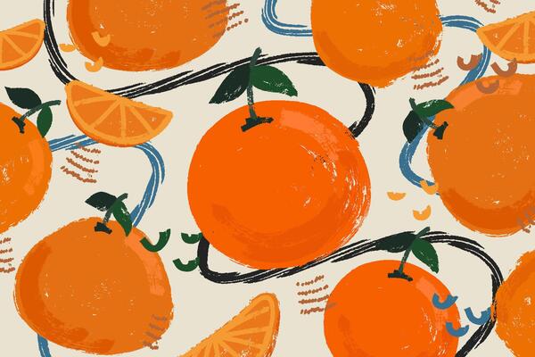 Grunge Creative Background with Tangerines and Bold Brush Textured Lines. Modern Maximalism Bold Fruit Market Backdrop in Chalk, Grungy Style. Creative brush painted tangerines design