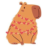 Flat illustration in a simple children's style. A cute capybara wrapped in a garland of hearts. Valentine's Day Holiday vector