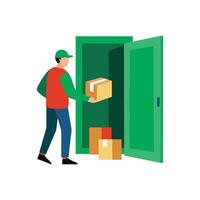 Delivery man with package in the door vector