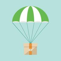 A parachute with a box on it flying over a blue background vector